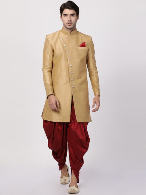 VASTRAMAY Men's Beige Silk Blend Sherwani Set