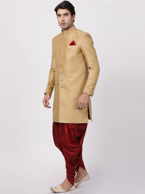 VASTRAMAY Men's Beige Silk Blend Sherwani Set