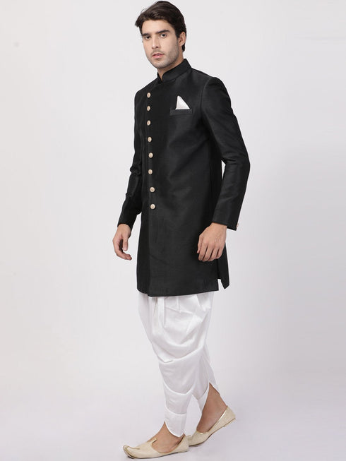 VASTRAMAY Men's Black Silk Blend Sherwani Set