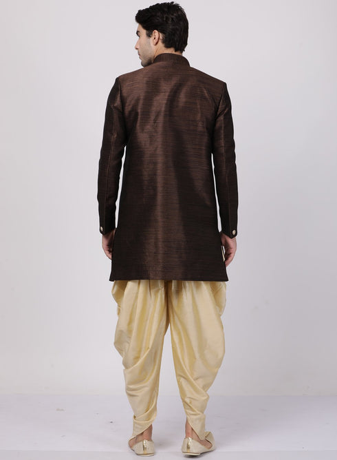 VASTRAMAY Men's Brown Silk Blend Sherwani Set