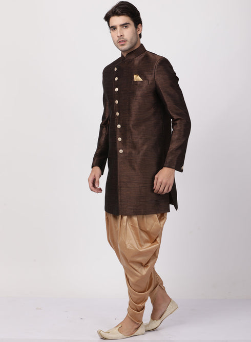 VASTRAMAY Men's Brown Silk Blend Sherwani Set