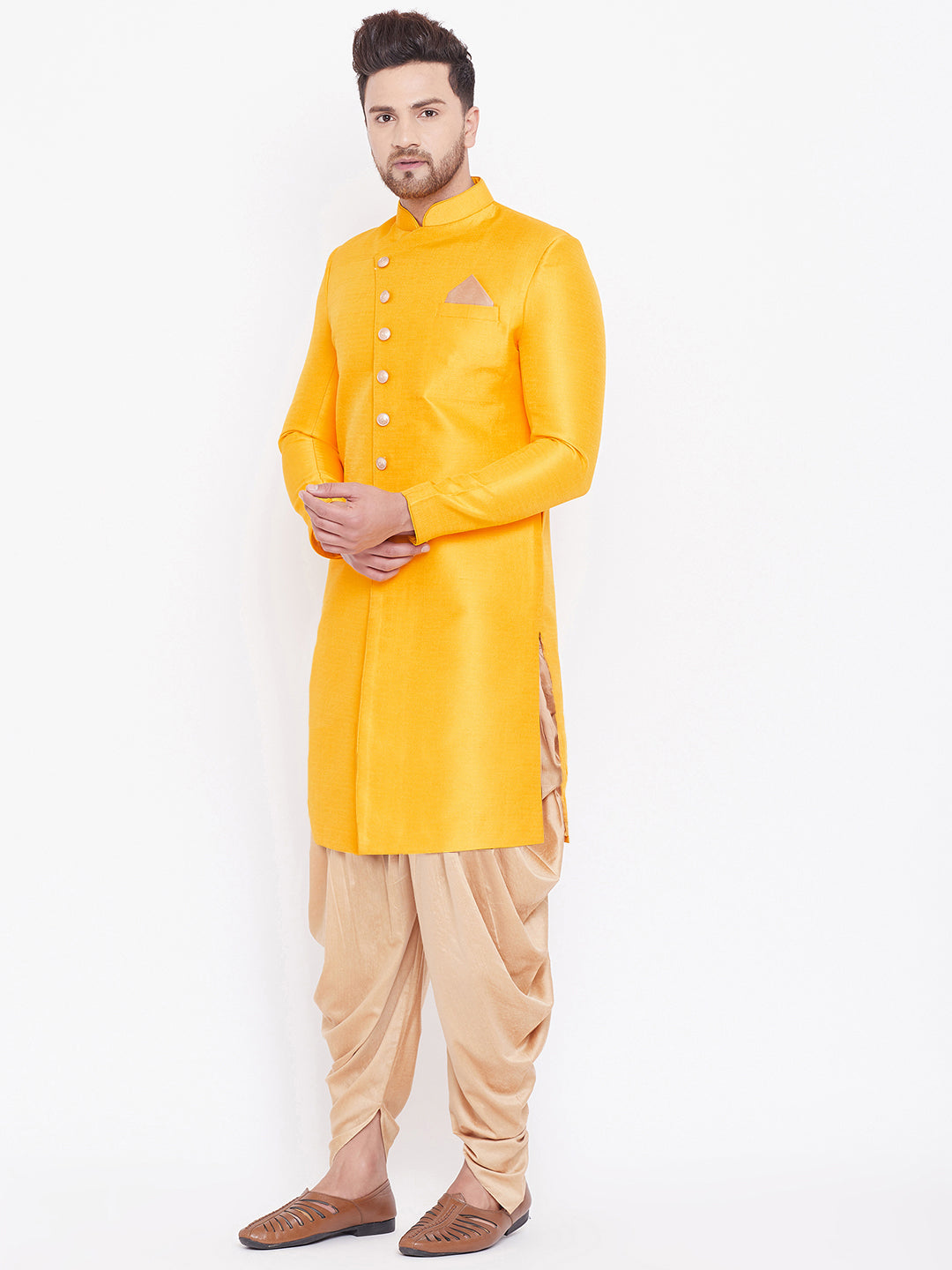Men's Mustard And Rose Gold Silk Blend Sherwani Set