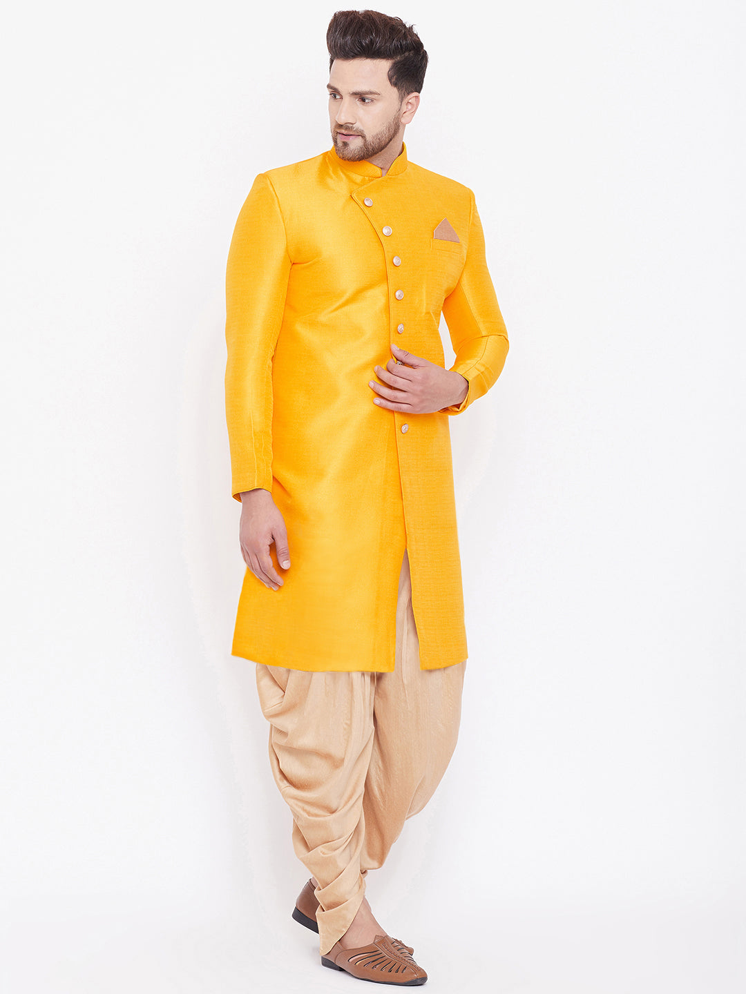 Men's Mustard And Rose Gold Silk Blend Sherwani Set