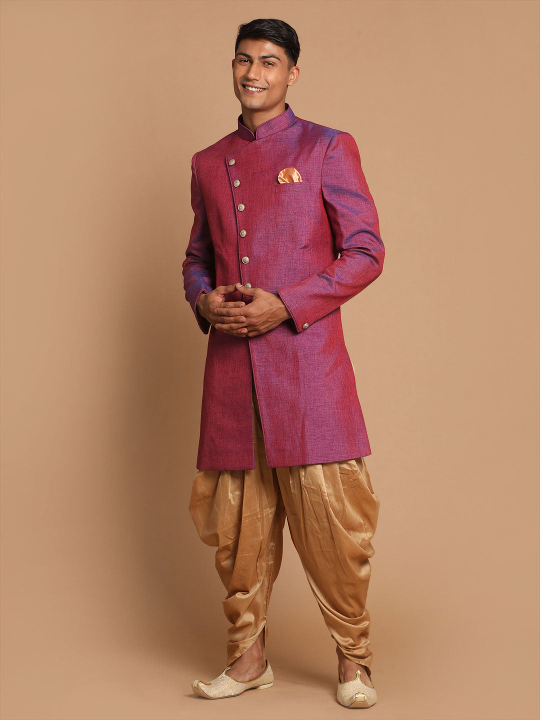 Men's Purple And Rose Gold Jute Sherwani Set