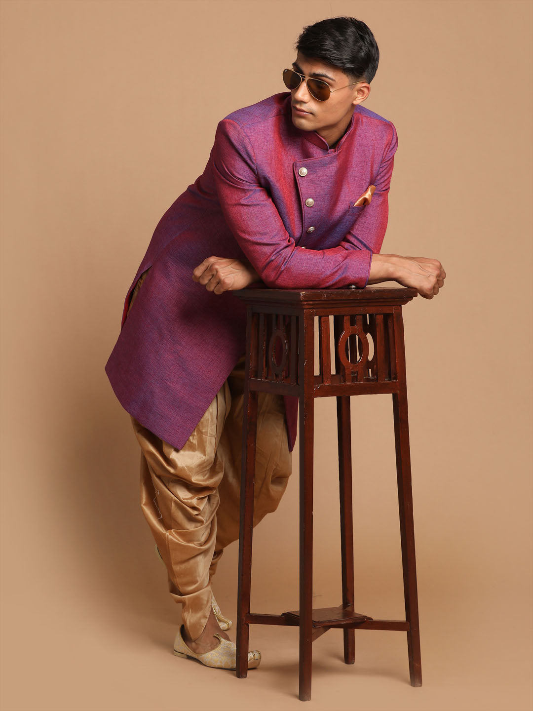 Men's Purple And Rose Gold Jute Sherwani Set