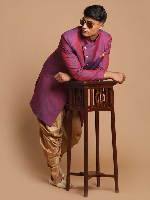 Men's Purple And Rose Gold Jute Sherwani Set