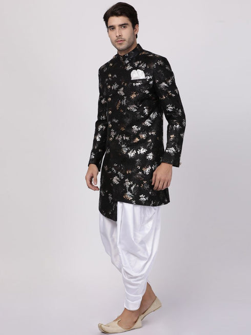 VASTRAMAY Men's Black Silk Blend Sherwani Set