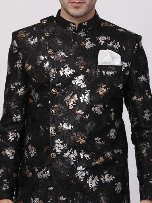 VASTRAMAY Men's Black Silk Blend Sherwani Set