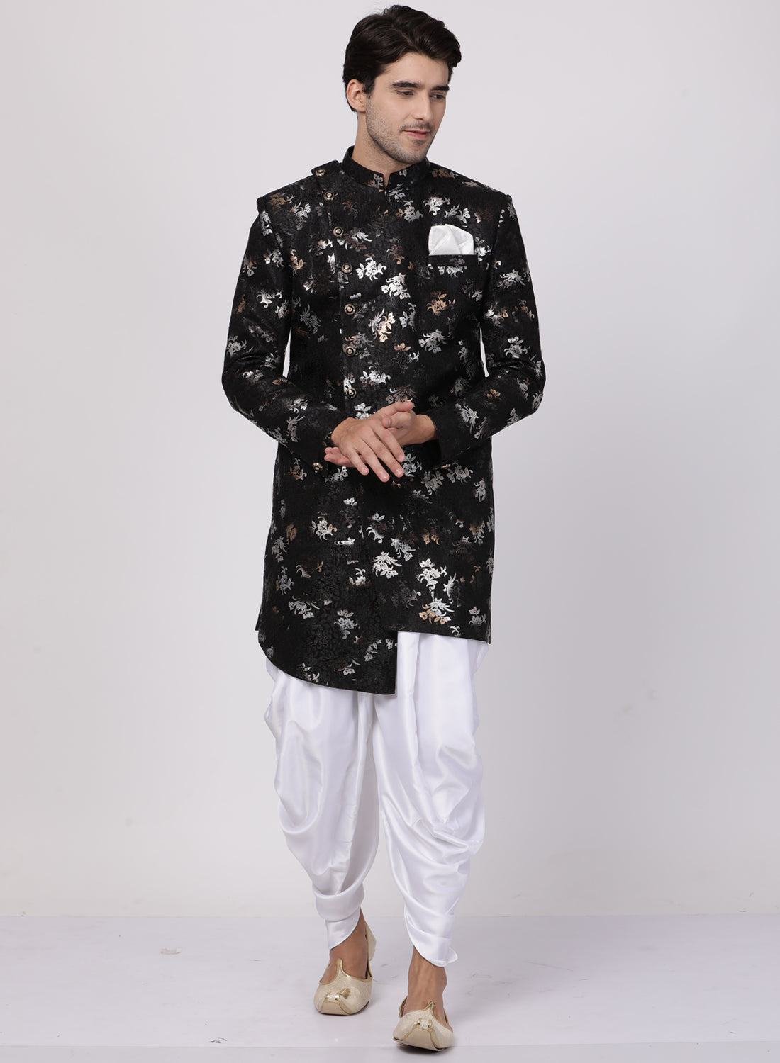 VASTRAMAY Men's Black Silk Blend Sherwani Set