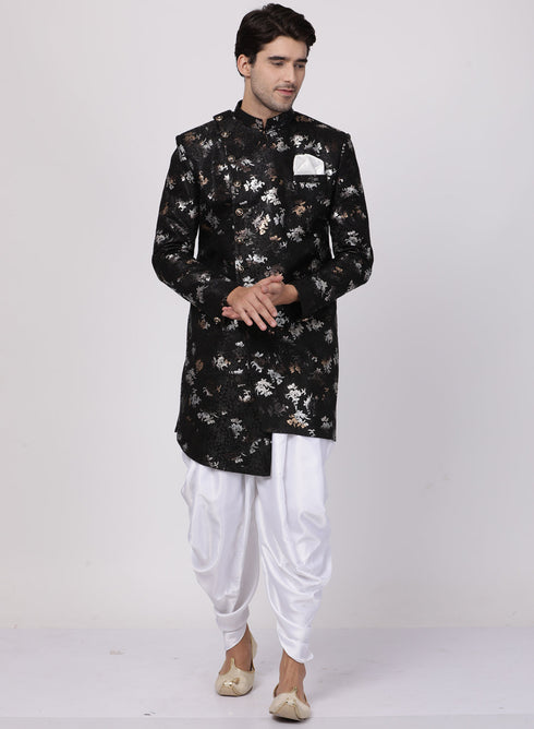 VASTRAMAY Men's Black Silk Blend Sherwani Set