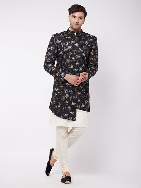 Men's Black Angrakha Style Indo Western Over Cream Kurta Pyjama Set