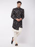 Men's Black Angrakha Style Indo Western Over Cream Kurta Pyjama Set