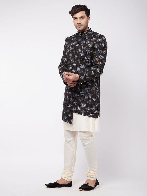 Men's Black Angrakha Style Indo Western Over Cream Kurta Pyjama Set