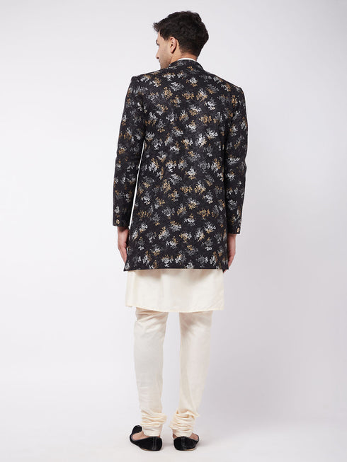 Men's Black Angrakha Style Indo Western Over Cream Kurta Pyjama Set