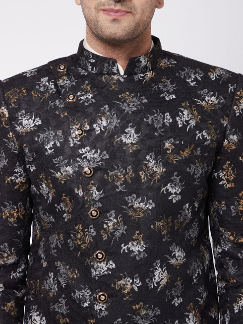 Men's Black Angrakha Style Indo Western Over Cream Kurta Pyjama Set