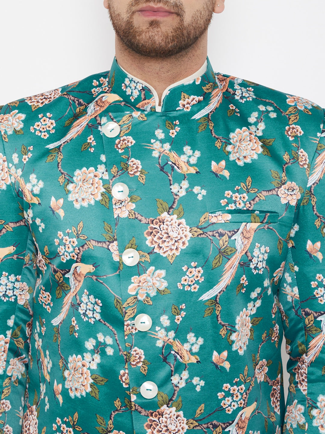 Men's Multicolor Base Blue Silk Blend Sherwani With Kurta Pyjama Set