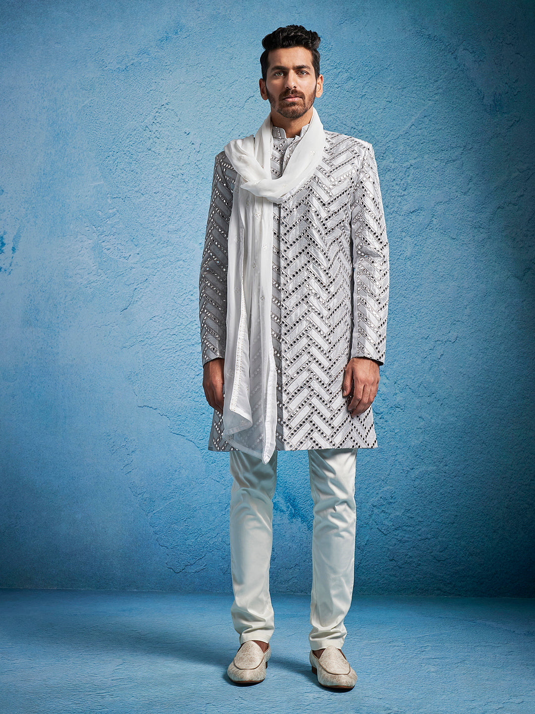 Men's Aqua Silk Blend Sherwani Set