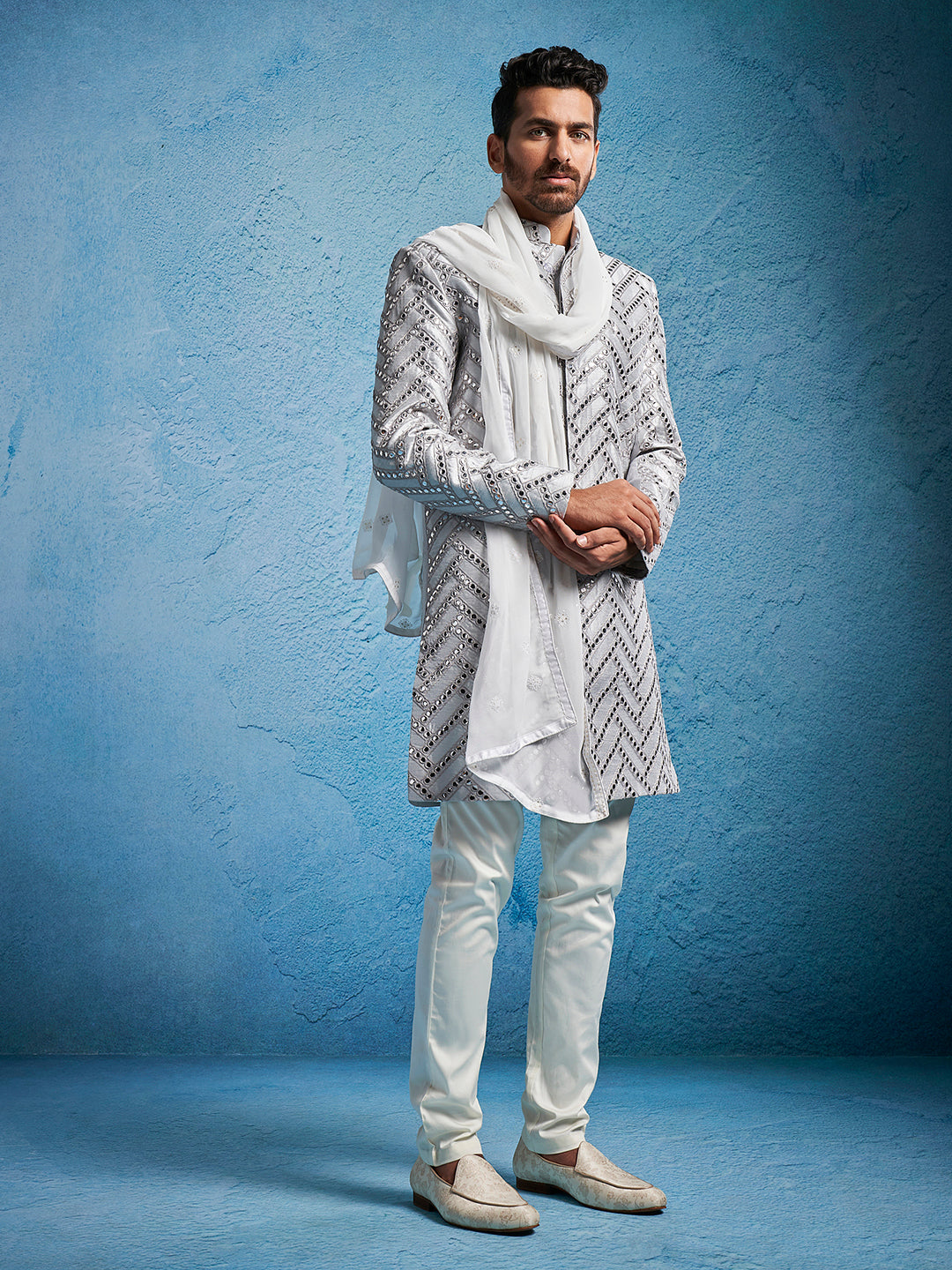 Men's Aqua Silk Blend Sherwani Set