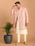 Men Pink Mirror Work Silk Blend Indo-Western with Cream Kurta & Pant Set