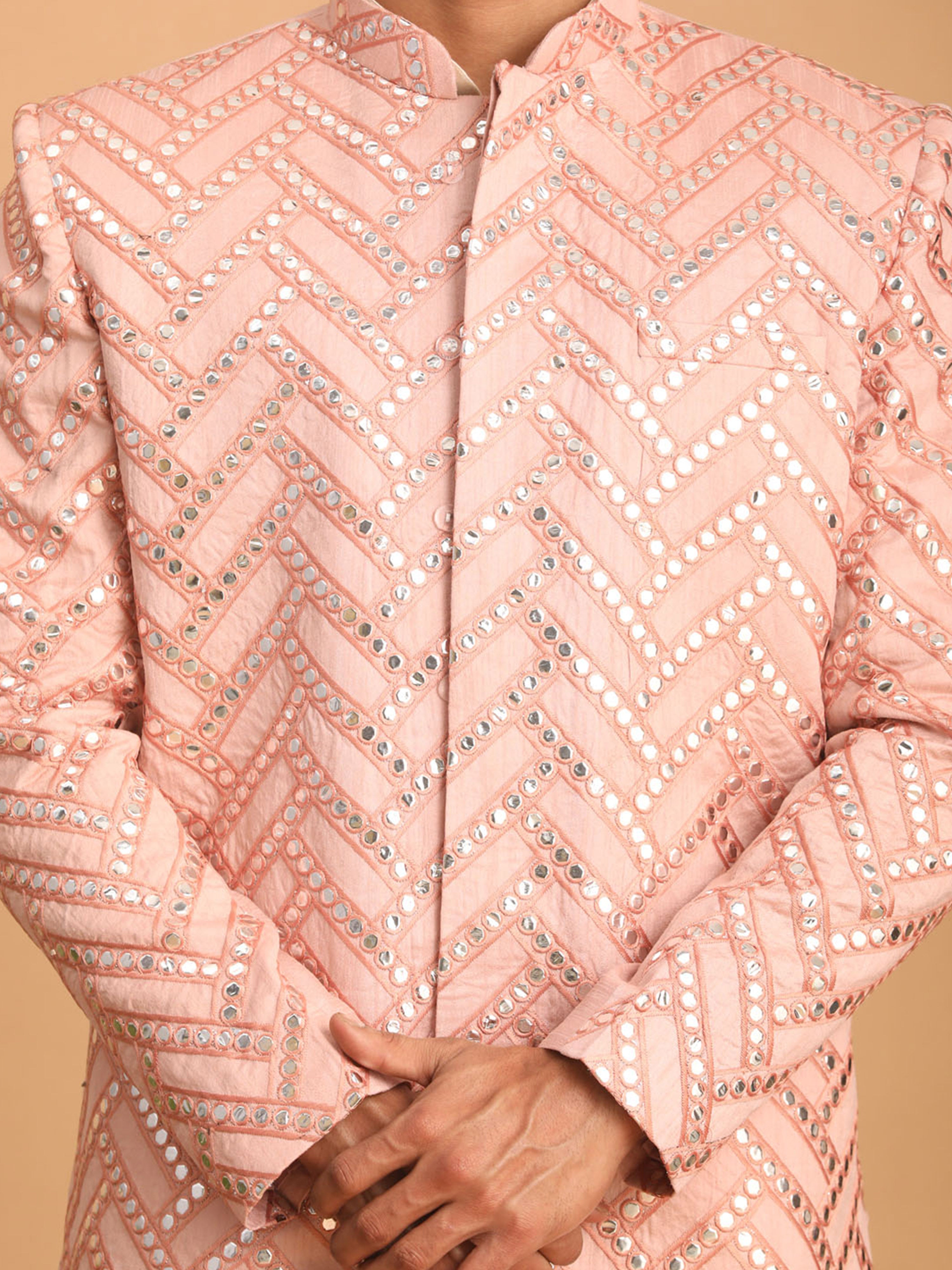 Men Pink Mirror Work Silk Blend Indo-Western with Cream Kurta & Pant Set