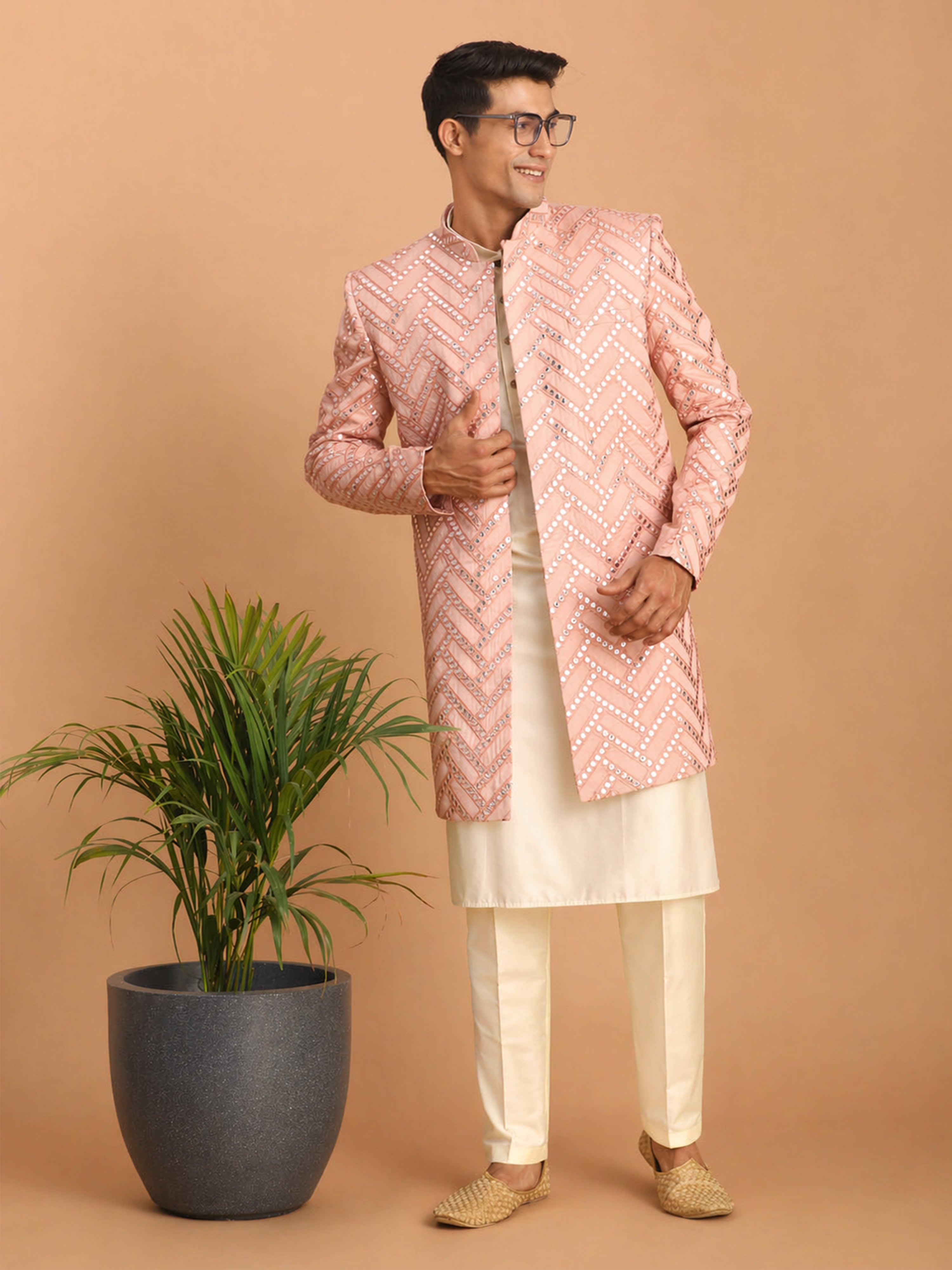 Men Pink Mirror Work Silk Blend Indo-Western with Cream Kurta & Pant Set
