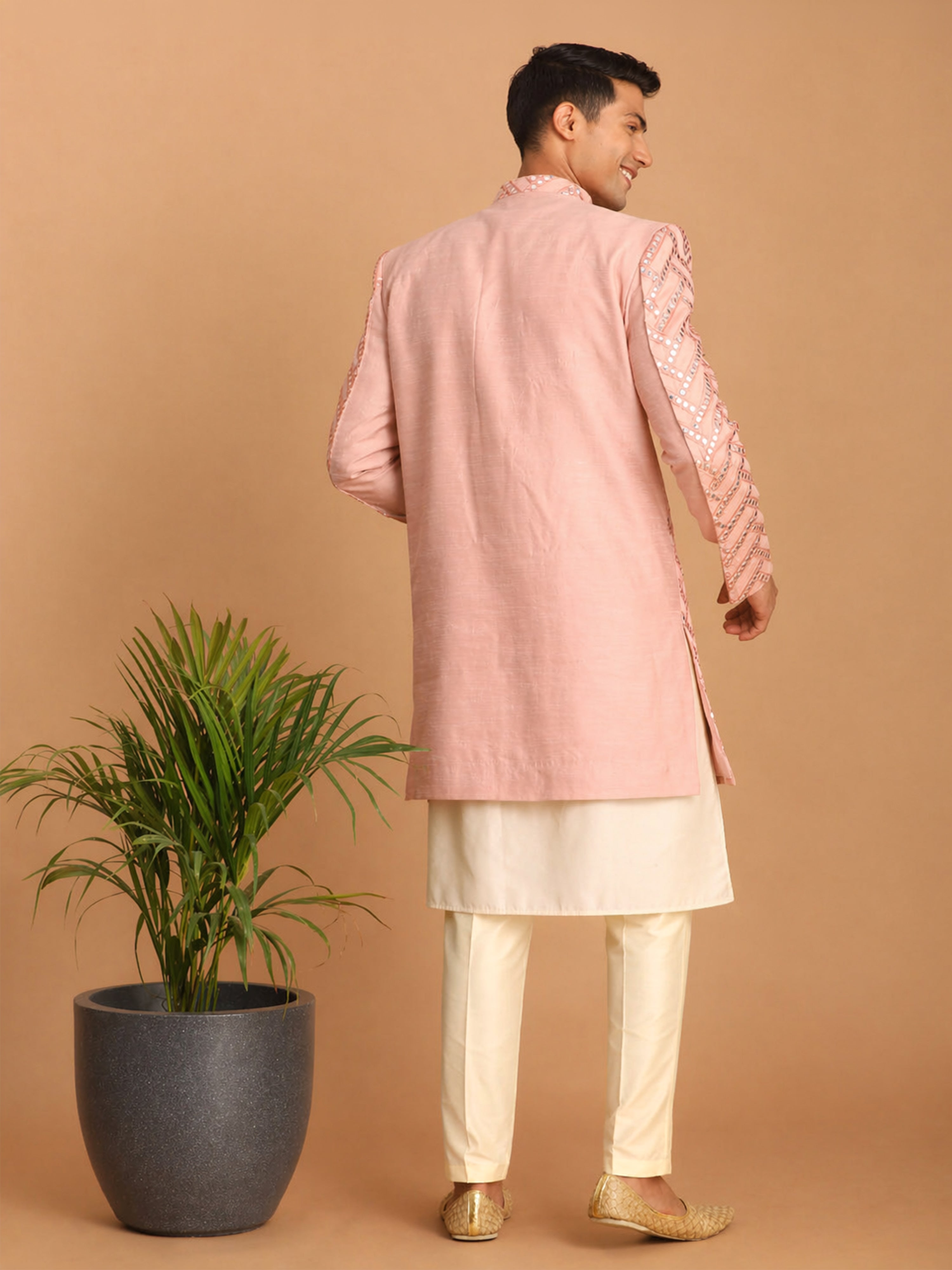 Men Pink Mirror Work Silk Blend Indo-Western with Cream Kurta & Pant Set