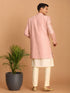 Men Pink Mirror Work Silk Blend Indo-Western with Cream Kurta & Pant Set