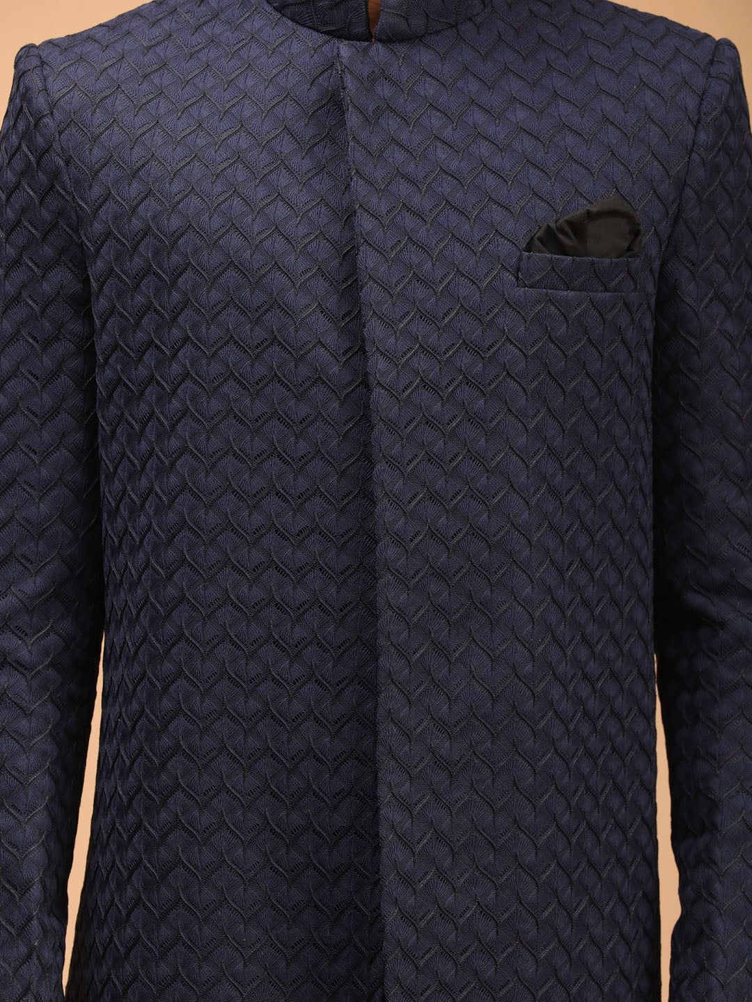Men Blue Jacquard Ethnic Motif Synthetic Indo-Western with Navy Blue Pant Set