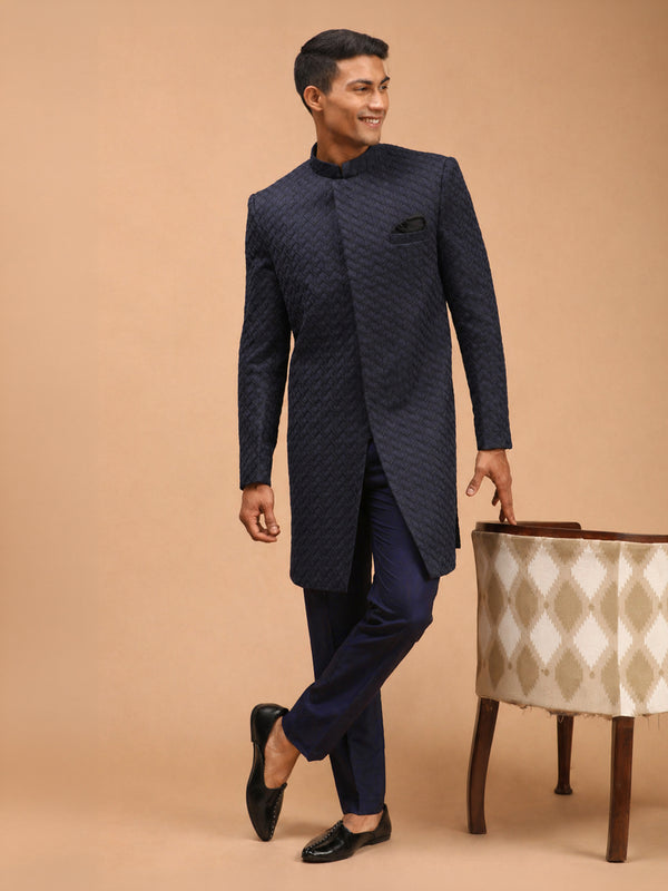 Men Blue Jacquard Ethnic Motif Synthetic Indo-Western with Navy Blue Solid Cotton Pant Set