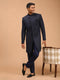 Men Blue Jacquard Ethnic Motif Synthetic Indo-Western with Navy Blue Solid Cotton Pant Set
