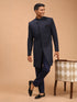 Men Blue Jacquard Ethnic Motif Synthetic Indo-Western with Navy Blue Solid Cotton Pant Set