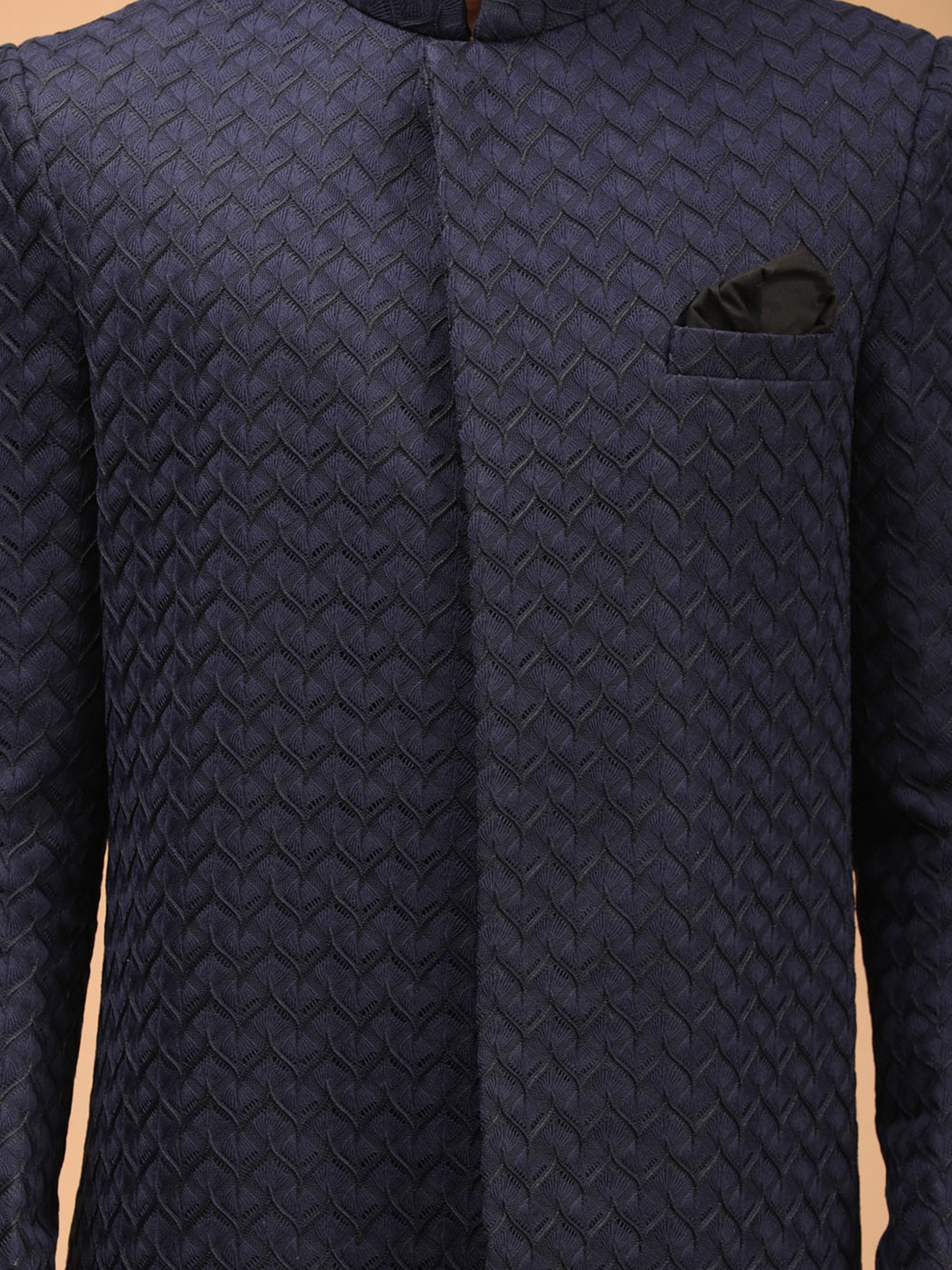 Men Blue Jacquard Ethnic Motif Synthetic Indo-Western with Navy Blue Solid Cotton Pant Set