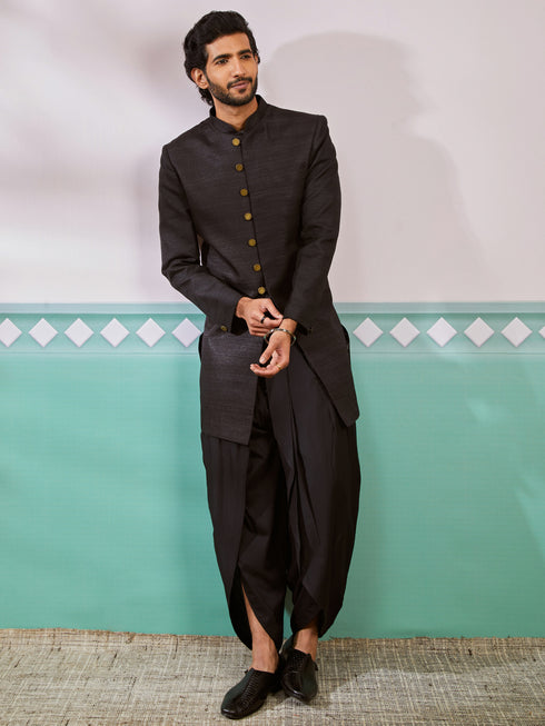 Men's Black Silk Blend Sherwani Set
