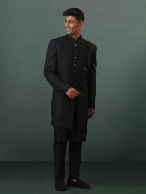 Men's Black Sherwani With Kurta Pant Set