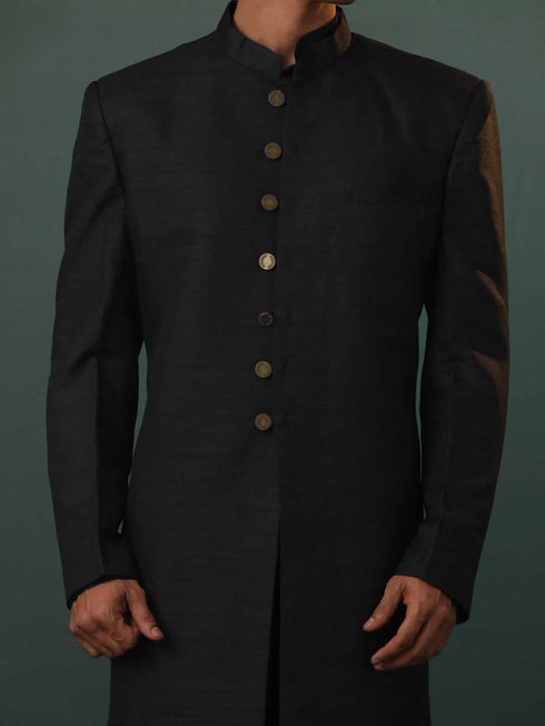 Men's Black Sherwani With Kurta Pant Set