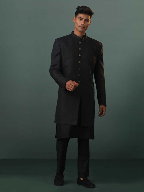 Men's Black Sherwani With Kurta Pant Set
