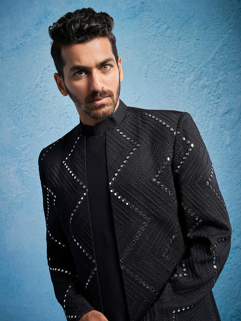 Men's Black Viscose Sherwani Set