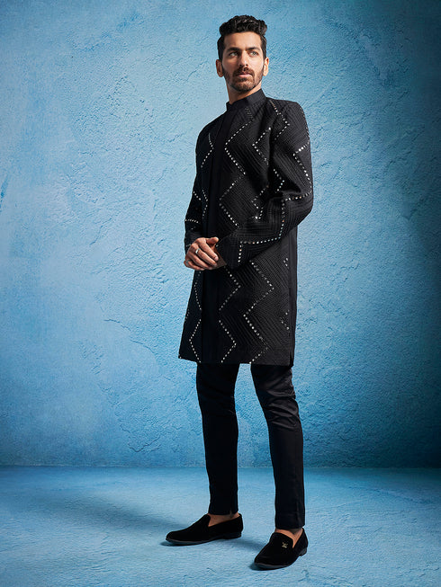 Men's Black Viscose Sherwani Set