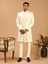 Men Cream Mirror Work Silk Blend Indo-Western with Pant Style Pyjama Set