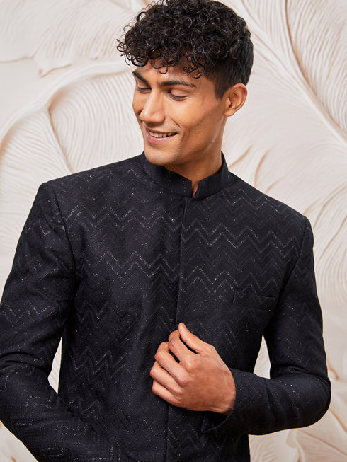 Men's Black Silk Blend Indowestern And Pant Set