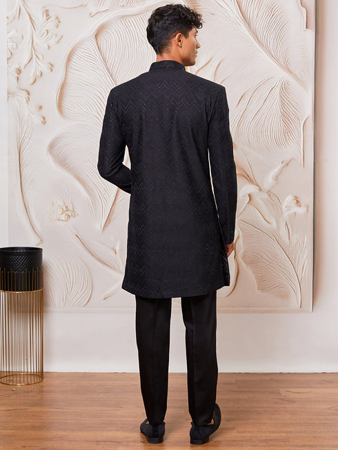 Men's Black Silk Blend Indowestern And Pant Set