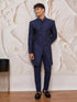 Men Navy Blue Silk Blend Jacquard Glitter Self-Texture Indo-Western with Pant Set