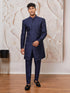 Men Navy Blue Silk Blend Jacquard Glitter Self-Texture Indo-Western with Pant Set