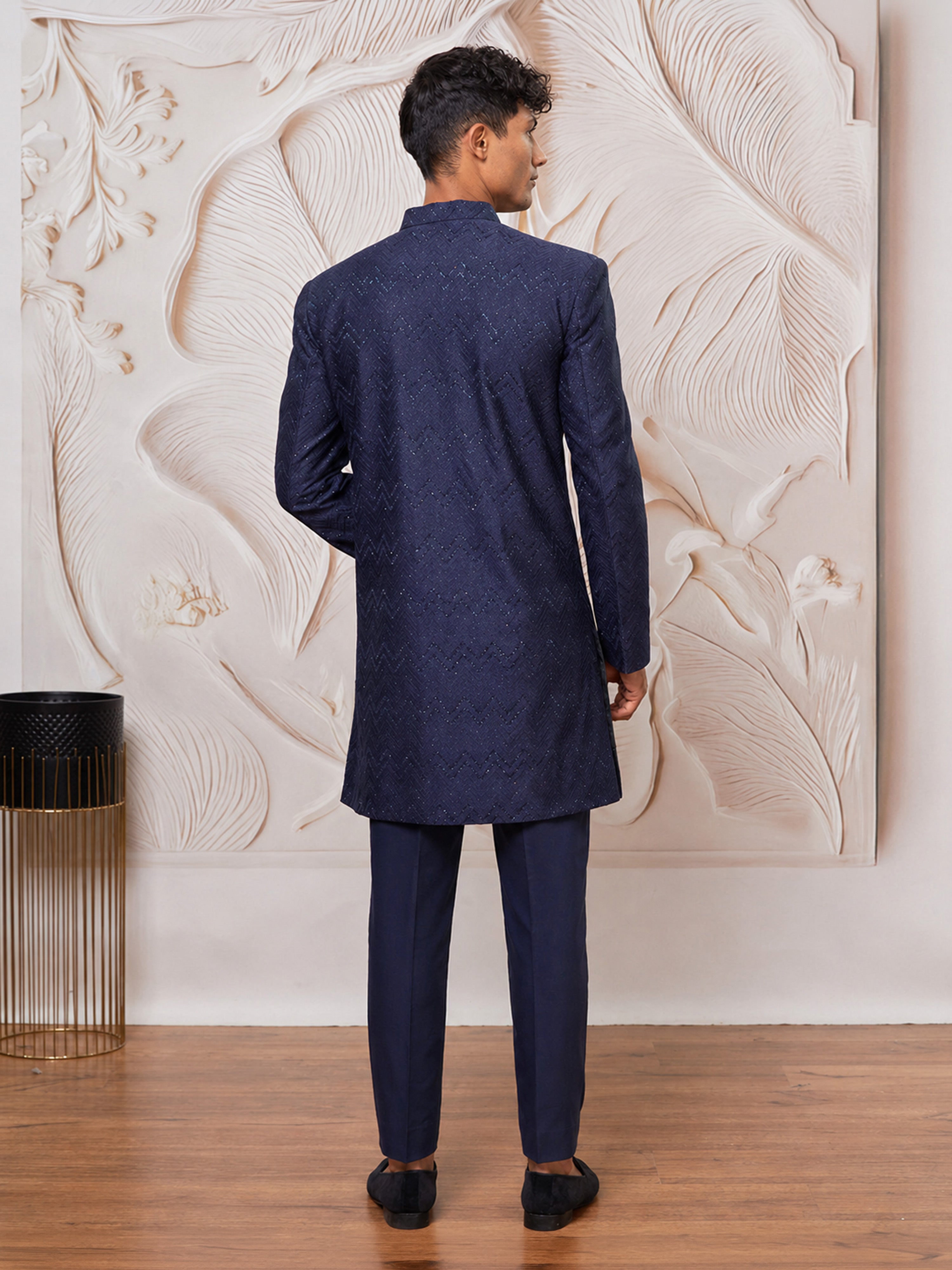 Men Navy Blue Silk Blend Jacquard Glitter Self-Texture Indo-Western with Pant Set