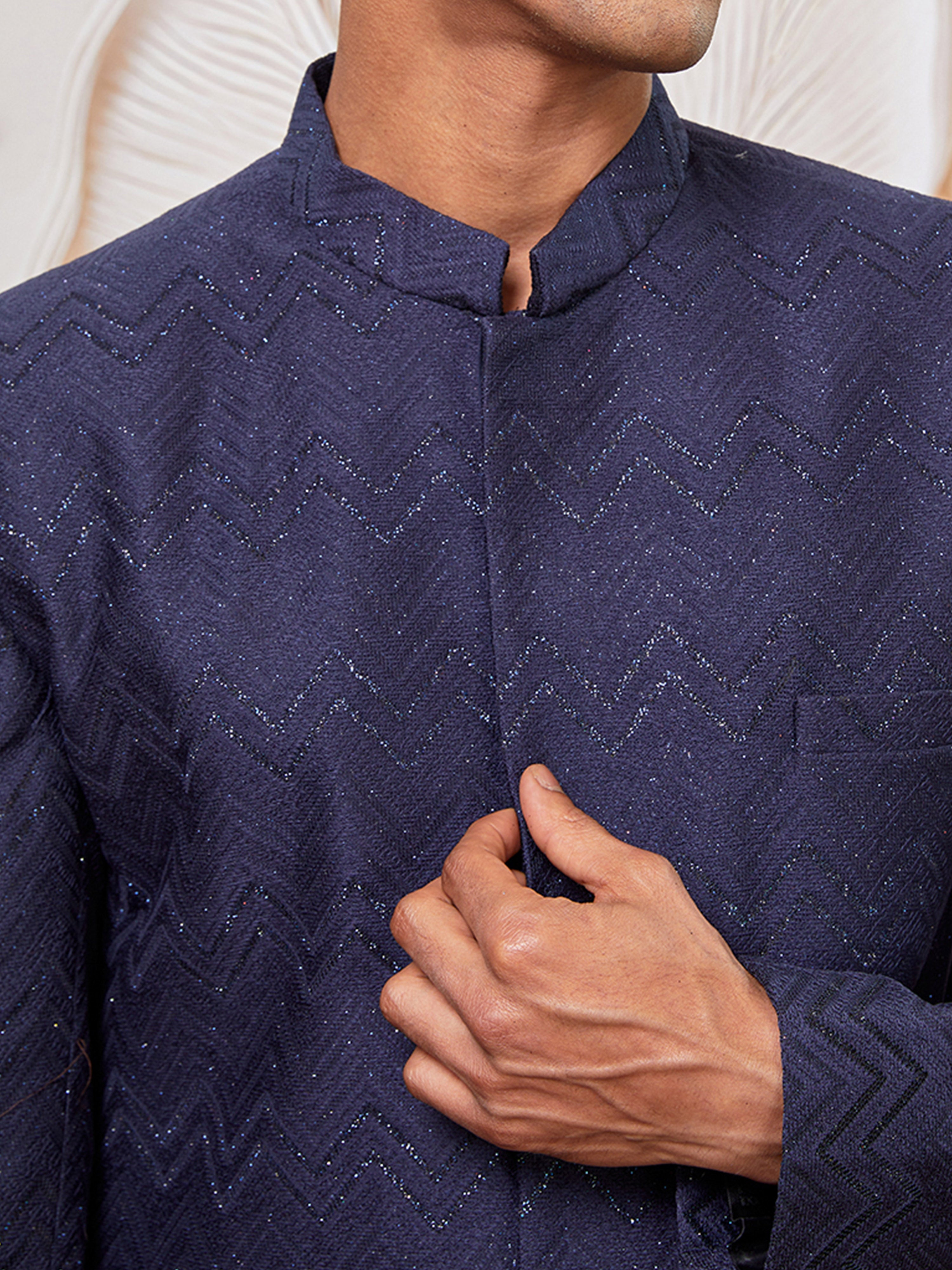 Men Navy Blue Silk Blend Jacquard Glitter Self-Texture Indo-Western with Solid Navy Blue Cotton Pant Set