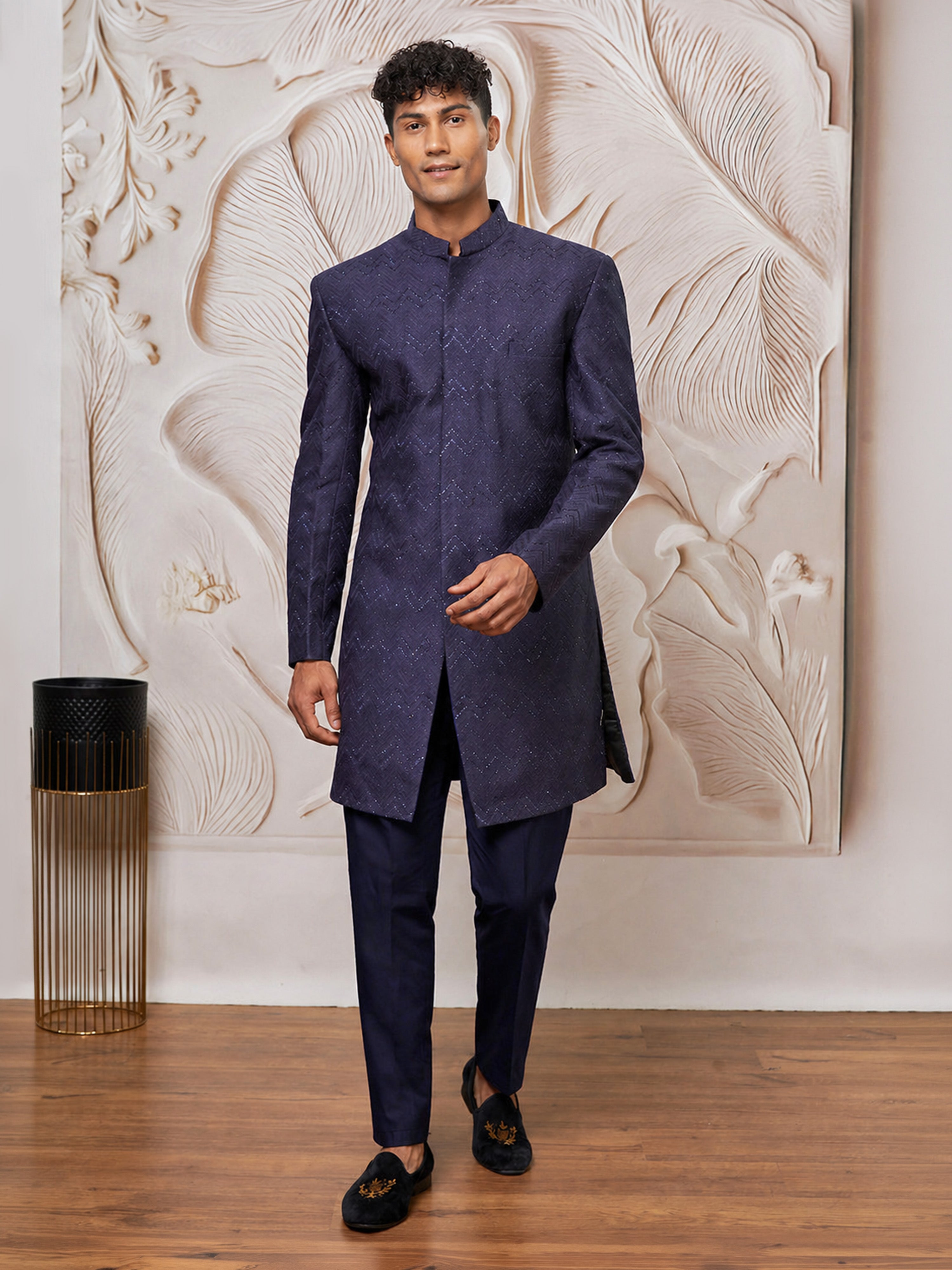 Men Navy Blue Silk Blend Jacquard Glitter Self-Texture Indo-Western with Solid Navy Blue Cotton Pant Set