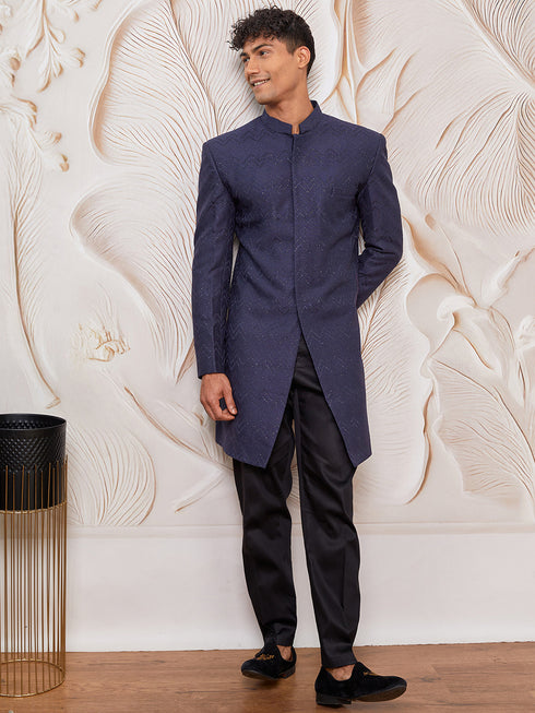 Men's Navy Blue Silk Blend Indowestern And Pant Set