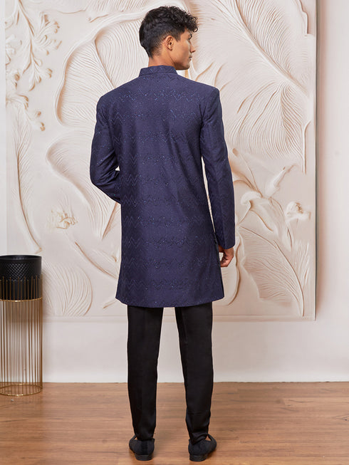 Men's Navy Blue Silk Blend Indowestern And Pant Set