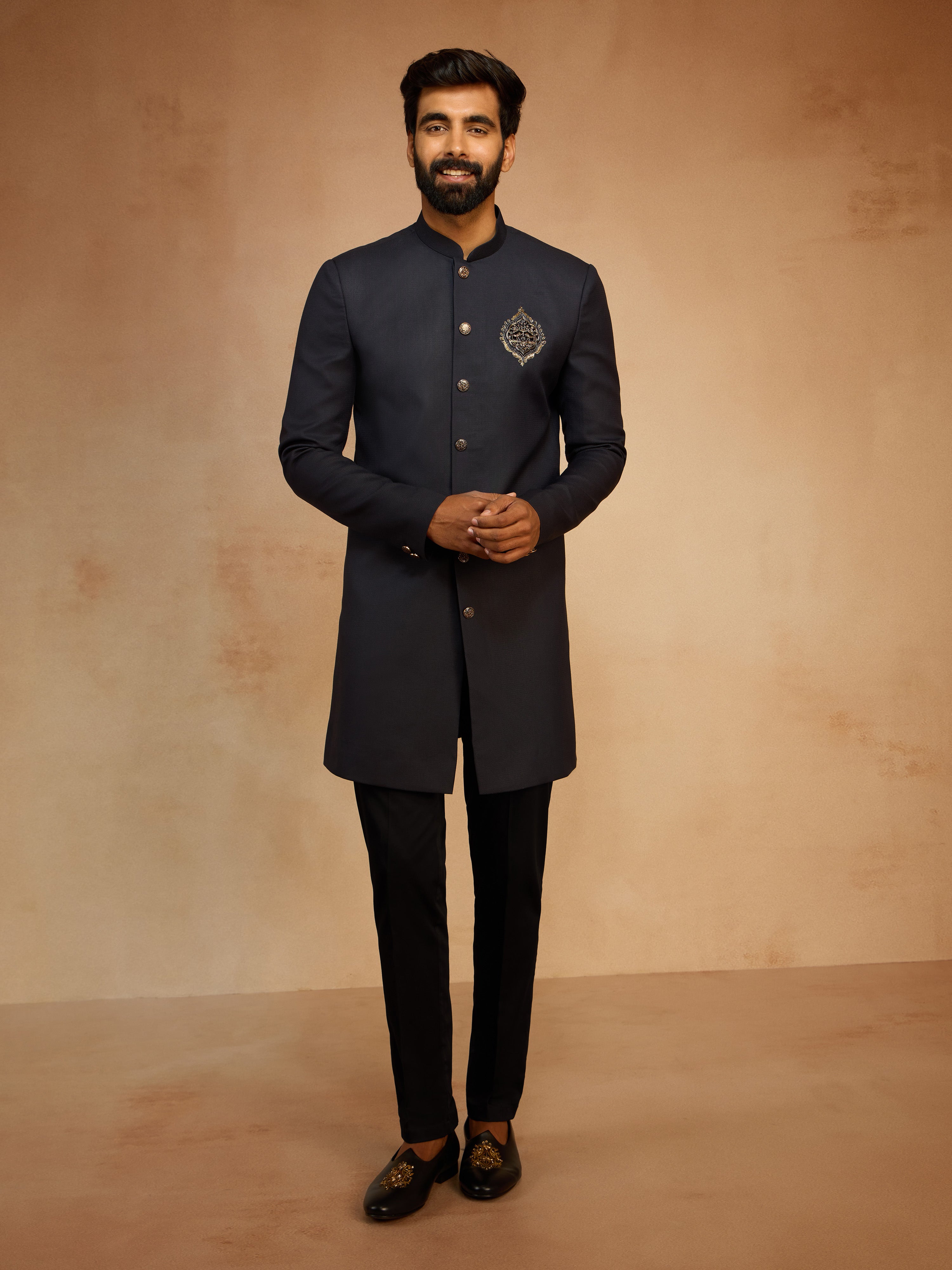 Men's Navy Blue Solid Sequin Zardozi Embroidery Indo-Western with Black Pant Style Pyjama Set