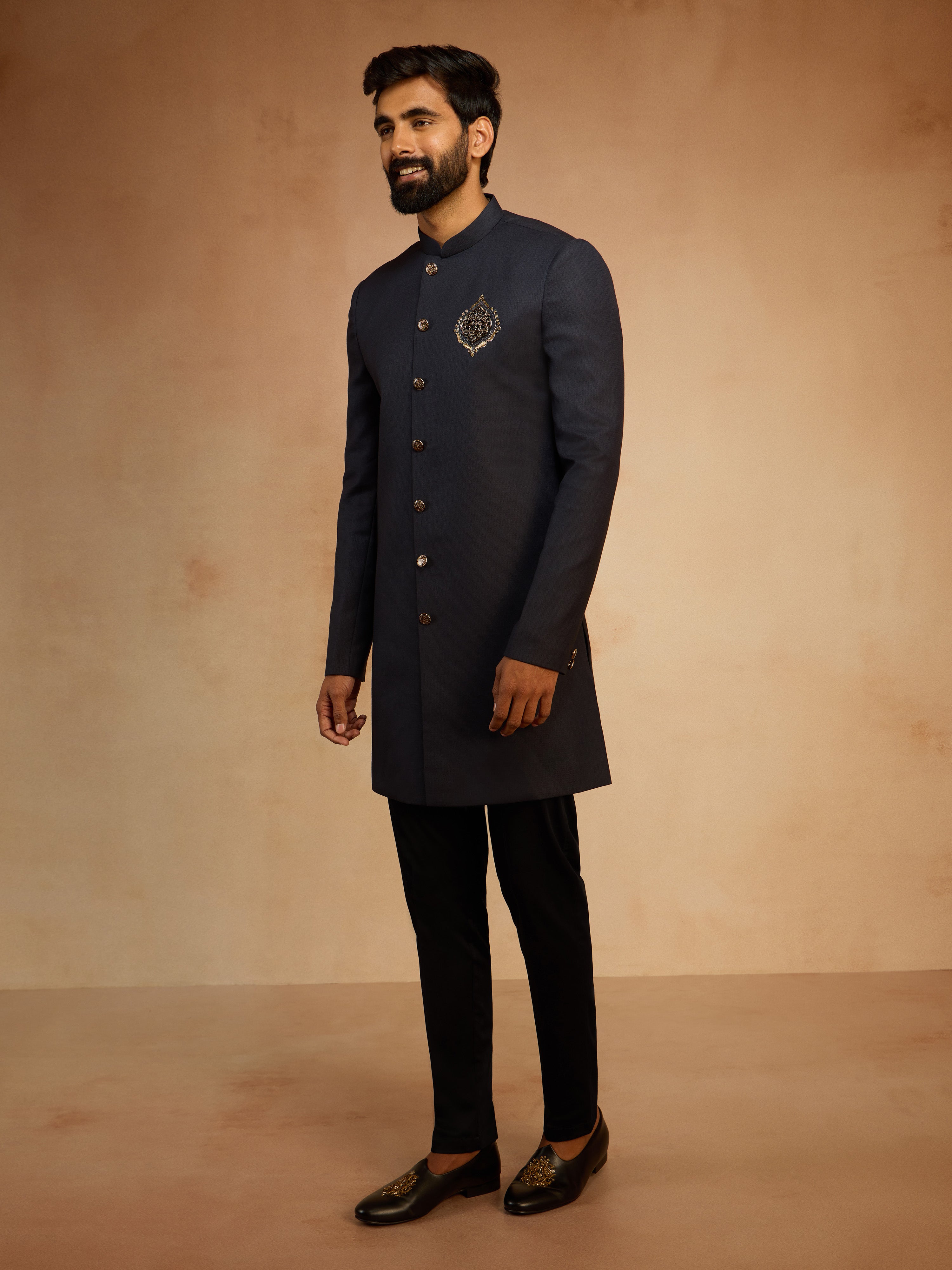 Men's Navy Blue Solid Sequin Zardozi Embroidery Indo-Western with Black Pant Style Pyjama Set